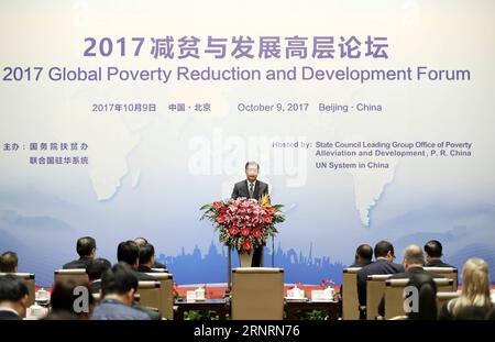 (171009) -- BEIJING, Oct. 9, 2017 -- Chinese Vice Premier Wang Yang addresses the 2017 Global Poverty Reduction and Development Forum in Beijing, capital of China, Oct. 9, 2017. ) (zkr) CHINA-BEIJING-WANG YANG-FORUM(CN) DingxLin PUBLICATIONxNOTxINxCHN Stock Photo