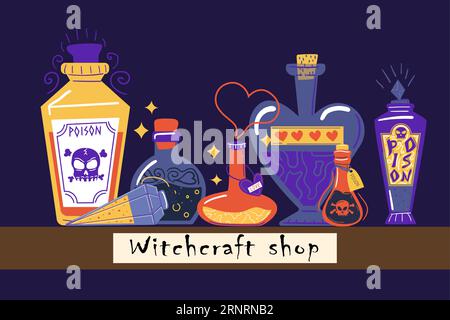 Magic potion. Witch or wizard composition. halloween decorative poster or card. Magical elixir, mystical alchemist bottles and phial with colorful liq Stock Vector