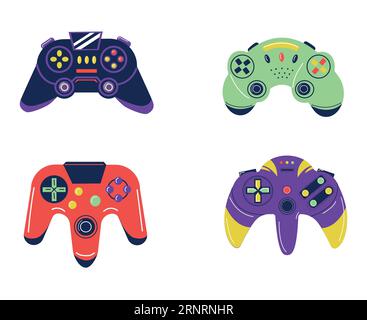 Cartoon joystick set. Video game equipment. Colorful controllers for console. Gamepads different forms collection. Wireless devices with buttons. Play Stock Vector