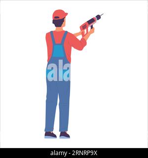 Home repair. Cartoon service worker making renovation. Builder drilling wall. Repairman working with perforator. Handyman in uniform. Installation equ Stock Vector