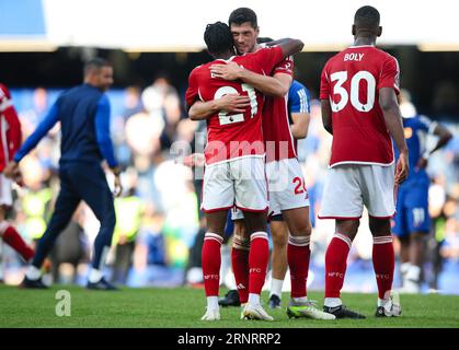 LONDON, UK - 2nd Sep 2023:  Anthony Elanga of Nottingham Forest celebrates with team mate Scott McKenna after the Premier League match between Chelsea and Nottingham Forest at Stamford Bridge  (Credit: Craig Mercer/ Alamy Live News) Stock Photo