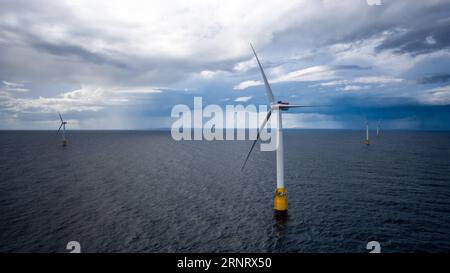 (171019) -- PETERHEAD, Oct. 19, 2017 -- Photo taken on Aug. 15, 2017 provided by Norwegian company Statoil shows the world s first floating wind farm 25 km offshore Peterhead in Aberdeenshire, Scotland, Britain. The first floating wind farm in the world off the coast of Scotland has started to deliver electricity to the Scottish grid, said its operator, Norwegian multinational oil and gas company Statoil, on Wednesday. The 30MW wind farm named Hywind Scotland will power approximately 20,000 households, Statoil said in a statement. ) (djj) UK-SCOTLAND-NORWAY-FLOATING WIND FARM Statoil/OyvindxGr Stock Photo