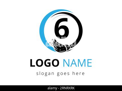 Letter 6 Cleaning Service Logo Design Concept With Clean Brush Symbol. Cleaning company logo sign symbol Stock Vector