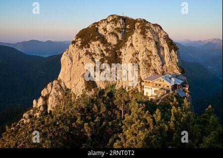 Buchstein and Tegernsee Hut in the evening light, Kreuth, Mangfall Mountains, Upper Bavaria, Germany Stock Photo