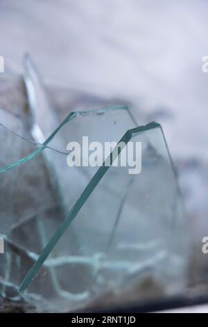 Pattern of smashed window pane, glass is splintered, window pane broken, close-up, Portbail, Cotentin, Manche, Normandy, France Stock Photo