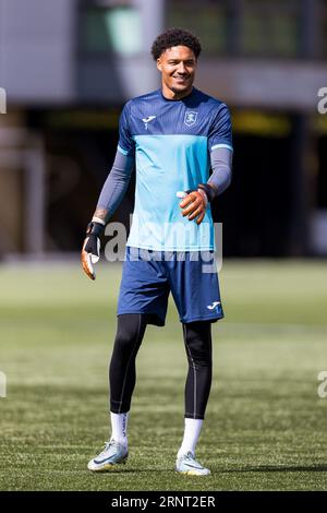 Livingston, Scotland. 02 September 2023.  Shamal George (1 - Livingston) warms up ahead of the game  Livingston Vs St Mirren, Scottish Premiership  Credit: Raymond Davies / Alamy Live News Stock Photo