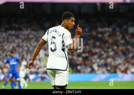 Real Madrid´s Bellingham reacts during La Liga EA Sports Match Day 4 between Real Madrid and Getafe at Santiago Bernabeu Stadium in Madrid, Spain, on September 2, 2023. Credit: Edward F. Peters/Alamy Live News Stock Photo