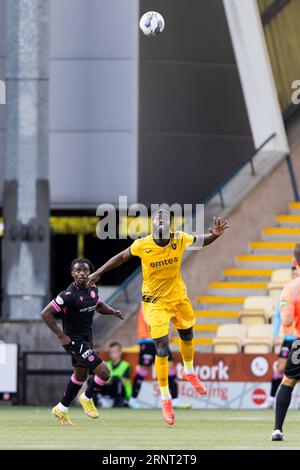 Livingston, Scotland. 02 September 2023.  Ayo Obileye (6 - Livingston) heads the ball  Livingston Vs St Mirren, Scottish Premiership  Credit: Raymond Davies / Alamy Live News Stock Photo