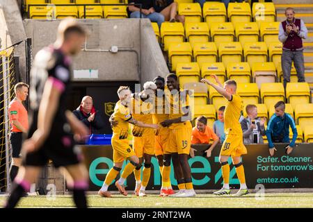 Livingston, Scotland. 02 September 2023.  The Livingston players celebrate their opening goal  Livingston Vs St Mirren, Scottish Premiership  Credit: Raymond Davies / Alamy Live News Stock Photo