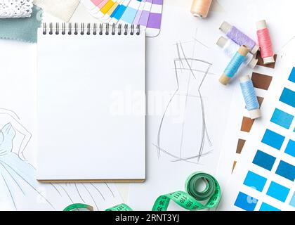 Flat lay tailoring set with fabric samples Stock Photo