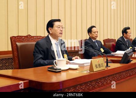 (171031) -- BEIJING, Oct. 31, 2017 -- Zhang Dejiang (L), chairman of the Standing Committee of the National People s Congress (NPC), presides over the second plenary session of the 30th meeting of the 12th NPC Standing Committee at the Great Hall of the People in Beijing, capital of China, Oct. 31, 2017. ) (wjq) CHINA-BEIJING-NPC STANDING COMMITTEE-MEETING (CN) LiuxWeibing PUBLICATIONxNOTxINxCHN Stock Photo