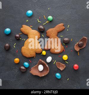 Top view bunny shaped cookies easter candy Stock Photo
