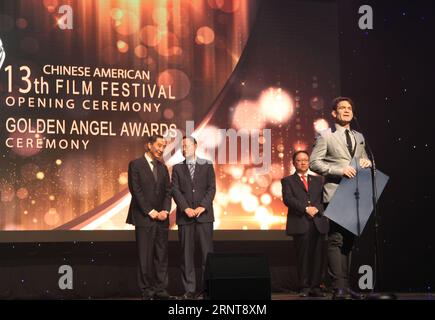 (171102) -- LOS ANGELES, Nov. 2, 2017 -- Stu Levy (front), who chairs the International Committee of Producers Guild of America (PGA), addresses the opening ceremony of the 13th Chinese American Film Festival (CAFF), in Los Angeles, the United States, Nov. 1, 2017. The 13th CAFF kicked off Wednesday at the Ricardo Montalban Theater in Hollywood in the western U.S. city of Los Angeles. ) (zcc) U.S.-LOS ANGELES-CHINA-FILM FESTIVAL GaoxShan PUBLICATIONxNOTxINxCHN Stock Photo