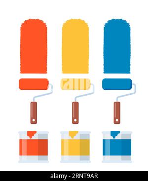 Cans of paint, rollers and color trails. Vector illustration for headers, banners and advertising Stock Vector