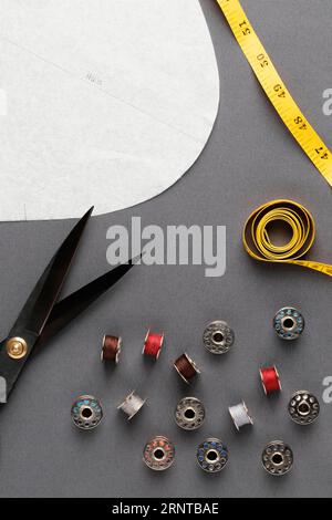 Tailoring items arrangement top view Stock Photo