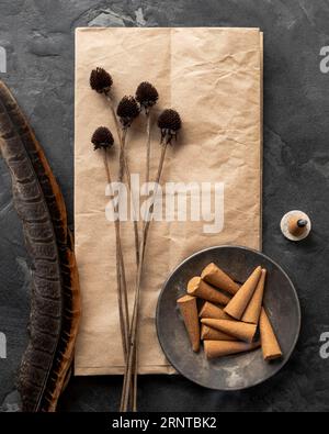 Top view incense aromatic cones dried flowers Stock Photo