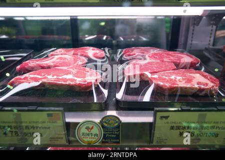 (171107) -- SHANGHAI, Nov. 7, 2017 -- Photo taken on Nov. 3, 2017 shows beef that imported from the United States, at a supermarket in Shanghai, east China. Though it is the home of U.S. billionaire investor Warren Buffett, Omaha was little known to Chinese a few months ago. But now this city in the midwestern Nebraska state is poised to become a household name in China since its Greater Omaha Packing company sent about 40 boxes of its products to China on June 14, soon days after the United States and China reached a deal to re-open Chinese markets for U.S. beef as part of their 100-day actio Stock Photo