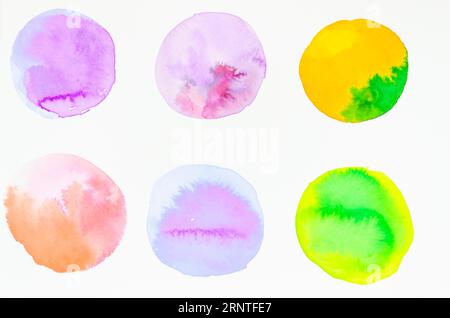 Row hand painted watercolor circles design isolated white Stock Photo