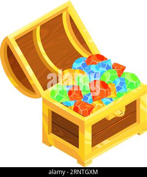 Isometric chest with color gems. Cartoon game treasure Stock Vector