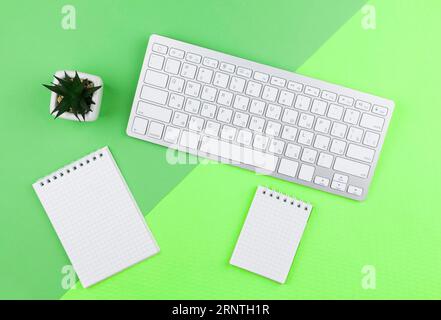 Top view stationery arrangement green background with empty notepads Stock Photo