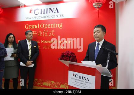 (171110) -- BEIRUT, Nov. 10, 2017 -- Wang Kejian (R), Chinese Ambassador to Lebanon, speaks at the inauguration of China Visa Application Center in Beirut, Lebanon, on Nov. 10, 2017. In order to provide better service to the visa applicants, the Chinese Embassy in Lebanon set up Friday the China Visa Application Center in Beirut to handle the daily routine work of processing ordinary visa applications to China. ) LEBANON-BEIRUT-CHINA VISA APPLICATION CENTER-INAUGURATION LixLiangyong PUBLICATIONxNOTxINxCHN Stock Photo