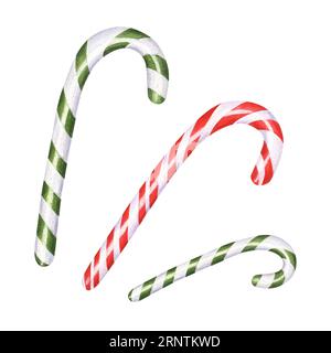 Red and green candy canes. Christmas stick. Caramel cane with striped ornate. Xmas sugar lollipop. Watercolor illustration isolated on white Stock Photo