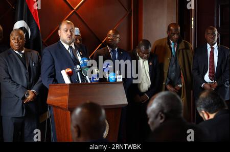 (171120) -- TRIPOLI, Nov. 20, 2017 -- Salah Abu-Rgiga, African affairs official of the Foreign Ministry of Libya, speaks during a press conference in Tripoli, Libya, Nov. 19, 2017. Libya s UN-backed government in Tripoli launched an investigation into the immigrant slave markets recently reported by some media, the foreign ministry said on Sunday. ) (rh) LIBYA-TRIPOLI-SLAVE MARKET HamzaxTurkia PUBLICATIONxNOTxINxCHN Stock Photo