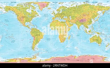 Detailed physical world map Patterson projection Stock Vector