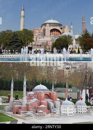 (171123) -- ISTANBUL, Nov. 23, 2017 -- Combo photo shows Hagia Sophia (Top) in Istanbul, Turkey, on April 11, 2015 and the model of Hagia Sophia (Bottom) at Miniaturk park in Istanbul, Turkey, on Nov. 23, 2017. Miniaturk is a miniature park containing more than 100 models of architectural works from in and around Turkey, as well as interpretaions of historic structures. ) TURKEY-ISTANBUL-MINIATURE PARK-MINIATURK HexCanling PUBLICATIONxNOTxINxCHN Stock Photo
