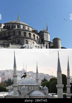 (171123) -- ISTANBUL, Nov. 23, 2017 -- Combo photo shows the Blue Mosque (or the Sultan Ahmed Mosque) (Top) in Istanbul, Turkey, on April 11, 2015 and the model of Blue Mosque (Bottom) at Miniaturk park in Istanbul, Turkey, on Nov. 23, 2017. Miniaturk is a miniature park containing more than 100 models of architectural works from in and around Turkey, as well as interpretaions of historic structures. ) TURKEY-ISTANBUL-MINIATURE PARK-MINIATURK HexCanling PUBLICATIONxNOTxINxCHN Stock Photo