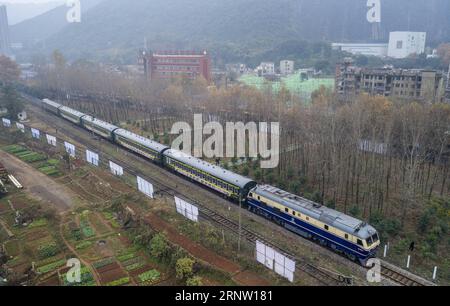 (171128) -- HUANGSHI, Nov. 28, 2017 -- A special train carries people to visit Huangshi National Mine Park in Huangshi, central China s Hubei Province, Nov. 28, 2017. Huangshi City has transformed former industrial sites into cultural industrial parks in recent years. With the development of industrial tourism, the city has attracted about 18 million tourists in the first three quarters in 2017, making a revenue of 11.54 billion yuan (about 1.75 billion U.S. dollars). Industrial tourism has become a new name card of Huangshi City. ) (xzy) CHINA-HUBEI-HUANGSHI-INDUSTRIAL TOURISM (CN) XiongxQi P Stock Photo