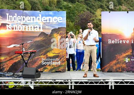 Edinburgh, Scotland, UK. 2nd Sep 2023. March and Rally for an Independent Scotland in the EU, a march down the Royal Mile to the Scottish parliament at Holyrood, followed by a rally with guest speakers. Humza Yousaf, First Minister of Scotland, addressing the crowd. Credit: Craig Brown/Alamy Live News Stock Photo