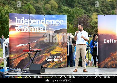 Edinburgh, Scotland, UK. 2nd Sep 2023. March and Rally for an Independent Scotland in the EU, a march down the Royal Mile to the Scottish parliament at Holyrood, followed by a rally with guest speakers. Humza Yousaf, First Minister of Scotland, addressing the crowd. Credit: Craig Brown/Alamy Live News Stock Photo