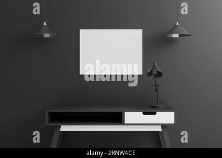 White horizontal poster or photo frame mockup with table in living room interior on empty black wall background. 3D rendering. Stock Photo