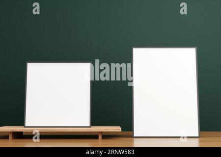 Minimalist and clean black poster or photo frame mockup on the wooden table in living room. 3D Rendering. Stock Photo