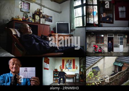 (171208) -- NANJING, Dec. 8, 2017 () -- The combo photo taken on Nov. 22, 2016 shows Li Changfu resting on the chair (L top); Li listening to the radio (R top); Li standing in front of the door (R central); Li exercising in his backyard (R bottom); Li sitting in the hall of his house (C bottom); Li displaying his Nanjing Massacre survivor certificate (L bottom). Li Changfu was born on Oct. 1, 1927. His home was burnt by Japanese soldiers during their invasion to Nanjing. Now he has three sons and three daughters and his wife passed away in 2010. The year 2017 marks the 80th anniversary of the Stock Photo