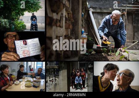 (171208) -- NANJING, Dec. 8, 2017 () -- The combo photo taken on May 4, 2016 shows Guan Guangjing taking care of his garden (R top); a nursing worker taking Guan outside in wheelchair (L top); Guan displaying his Nanjing Massacre certificate (L central); Guan and his daughters having meals together (L bottom); Guan posing for a photo with his daughters (C bottom); Guan talking with his youngest daughter Guan Shengqin. Guan Guangjing was born on April 18, 1917. He witnessed a household of four generations being killed in an explosion in 1937. Now he has four daughters and two sons. The year 201 Stock Photo