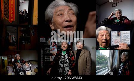 (171208) -- NANJING, Dec. 8, 2017 () -- The combo photo taken on Oct. 11, 2017 shows Zhu Xiuying telling her experience (C top); Zhu Xiuying and her second son Yang Eryu posing for a photo (C bottom); Zhu resting at home (L top); Zhu walking with a crutch (L central); Zhu sitting in her bedroom (L bottom); Zhu combing her white hair (R top); Zhu displaying her Nanjing Massacre survivor certificate (R central); Zhu looking through the windows (R bottom). Zhu Xiuying was born on Nov. 6, 1928. She was raped by Japanese soldier when she was only 9 in 1937. Now she has two sons and three daughters, Stock Photo