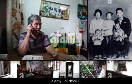 (171209) -- NANJING, Dec. 9, 2017 () -- Combo photo shows daily life of Ma Tingbao and his family photo (1st R). Ma Tingbao is a survivor of Nanjing Massacre, a heinous crime committed by the Japanese militarists during World War II in 1937, in Nanjing, capital of China. Copy photo shows Ma (1st R) and his famly in 1967 (R, top), and other photos taken on July 14, 2017 show daily life of Ma at home. Ma was born on March 28, 1936. His father Ma Yuquan, uncles Wen Zhixue and Yang Shoulin, and many other relatives were all taken away by the Japanese invaders and never came back. The year 2017 mar Stock Photo