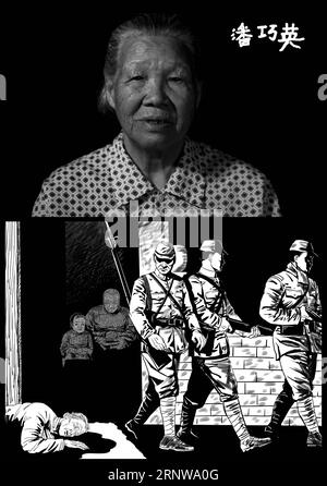 (171210) -- NANJING, Dec. 10, 2017 -- The combo picture shows the portrait, signature of Pan Qiaoying and illustrated story reviving her tragedy based on facts. Born on Nov. 19, 1931, Pan is a survivor of Nanjing Massacre, a heinous crime committed by the Japanese militarists during World War II in 1937, in Nanjing, then capital of China. In the winter of 1937, Pan witnessed his grandpa Pan Zhaosheng, an old lady and a woman with a newborn baby being slaughtered. Pan hid in the kitchen and succeeded to escape. Her father Pan Rongfu and her sister lost their lives during the massacre. The year Stock Photo