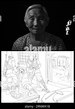 (171210) -- NANJING, Dec. 10, 2017 -- The combo picture shows the portrait, signature of Xiong Shulan and illustrated story reviving her tragedy based on facts. Born on Sept. 14, 1931, Xiong is a survivor of Nanjing Massacre, a heinous crime committed by the Japanese militarists during World War II in 1937, in Nanjing, then capital of China. After Nanjing being occupied by the invaders, Xiong s aunt was raped by Japanese in turn. Her uncle was murdered shortly after. She witnessed Japanese troops using tons of dead bodies to fill up the ditch under a destroyed bridge. The year 2017 marks the 8 Stock Photo
