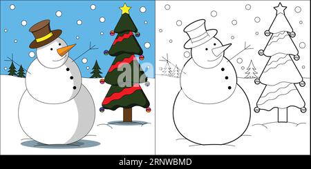Cute coloring page of a Snowman and a Christmas tree.  Hours of fun for little kids.  Very easy to color.  Coloring page for kids.  Simple coloring pa Stock Vector