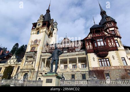 (171214) -- SINAIA, Dec. 14, 2017 -- The Peles castle is seen in Sinaia, north of Bucharest, Romania, on Dec 13, 2017. The coffin of Romania s former King Mihai I was transported in Peles castle on Wednesday and will be buried on Dec. 16. Romania s former King Mihai I died on Tuesday at the age of 96 at his residence in Switzerland. ) (gj) ROMANIA-SINAIA-FORMER KING MIHAI I-FUNERAL CristianxCristel PUBLICATIONxNOTxINxCHN Stock Photo