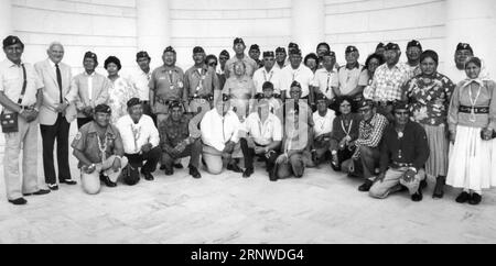 Navajo Code Talkers Association group photo taken after a medal presentation at Arlington National Cemetery's Memorial Amphitheater on July 6, 1983. The Navajo Code Talkers were recruited during World War II to transmit secret communications on the battlefields. (USA) Stock Photo