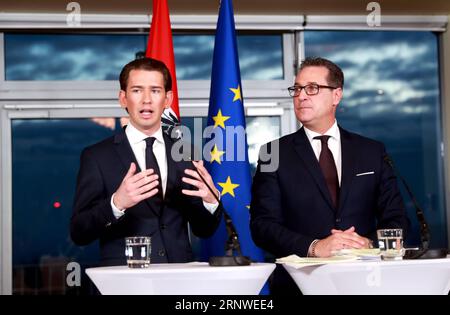 (171217) -- VIENNA, Dec. 17, 2017 -- Sebastian Kurz (L), leader of the People s Party, and Heinz-Christian Strache, leader of the Freedom Party, attend a press conference in Vienna, capital of Austria, Dec. 16, 2017. The People s Party and the Freedom Party will form a coalition government for the coming five years. Sebastian Kurz will be the chancellor and Heinz-Christian Strache will be the vice chancellor. ) (gj) AUSTRIA-VIENNA-COALITION GOVERNMENT PanxXu PUBLICATIONxNOTxINxCHN Stock Photo