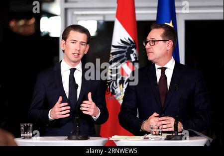 (171217) -- VIENNA, Dec. 17, 2017 -- Sebastian Kurz(L) of the People s Party and Heinz-Christian Strache of the Freedom Party, who will serve as Austria s chancellor and vice-chancellor respectively, address the media at a joint press conference in Kahlenberg in Vienna, Austria, Dec. 16, 2017. The leaders of the two parties that will form Austria s next coalition government have presented the program for their upcoming five-year term in office to the media on Saturday. )(yk) AUSTRIA-VIENNA-GOVERNING PROGRAM PanxXu PUBLICATIONxNOTxINxCHN Stock Photo