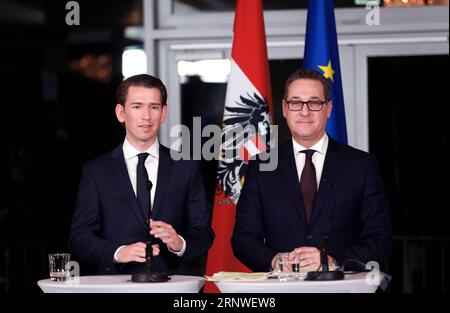 (171217) -- VIENNA, Dec. 17, 2017 -- Sebastian Kurz(L) of the People s Party and Heinz-Christian Strache of the Freedom Party, who will serve as Austria s chancellor and vice-chancellor respectively, address the media at a joint press conference in Kahlenberg in Vienna, Austria, Dec. 16, 2017. The leaders of the two parties that will form Austria s next coalition government have presented the program for their upcoming five-year term in office to the media on Saturday. )(yk) AUSTRIA-VIENNA-GOVERNING PROGRAM PanxXu PUBLICATIONxNOTxINxCHN Stock Photo