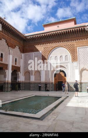 Marrakech, Morocco - Feb 10, 2023: Beautiful handicraft work inside the koranic school Medersa Ben Youssef in Marrakech Stock Photo