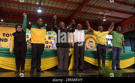 (171218) -- JOHANNESBURG, Dec. 18, 2017 -- Cyril Ramaphosa (3rd R) and other South Africa s ruling party African National Congress (ANC) s leaders celebrate at ANC s conference in Johannesburg, South Africa, on Dec. 18, 2017. South Africa s ruling party African National Congress (ANC) elected Cyril Ramaphosa on Monday to be the party s president for the next five years. ) SOUTH AFRICA-JOHANNESBURG-ANC-CYRIL RAMAPHOSA-PRESIDENT DavexNaicker PUBLICATIONxNOTxINxCHN Stock Photo