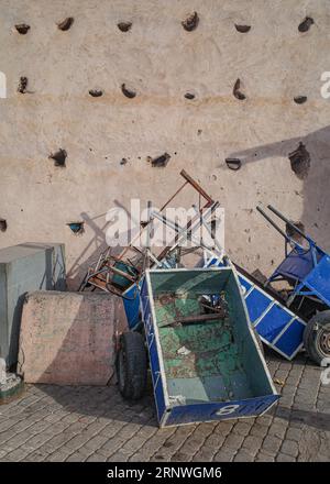 Marrakech, Morocco - Feb 9, 2023: Flea market selling discarded items out side the Medina old town city walls, Marrakech Stock Photo